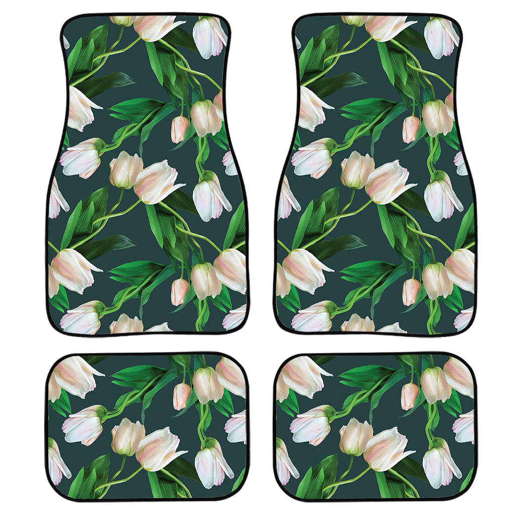 White Tulip Pattern Print Front And Back Car Floor Mats, Front Car Mat