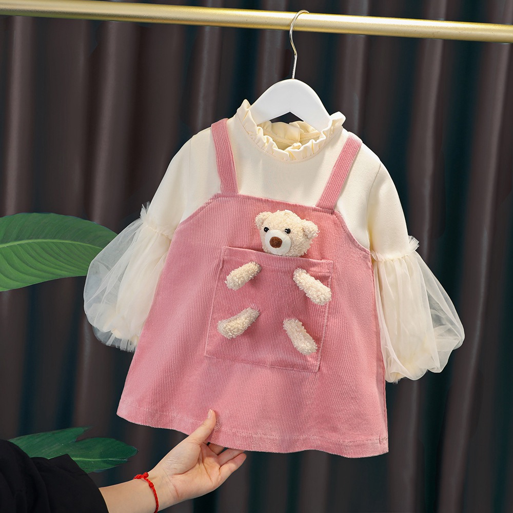 Spring Autumn Girls Princess Dress Children Kids Baby Infants Corduroy Mesh Lantern Long Sleeve Dresses Vestidos S12208 alx