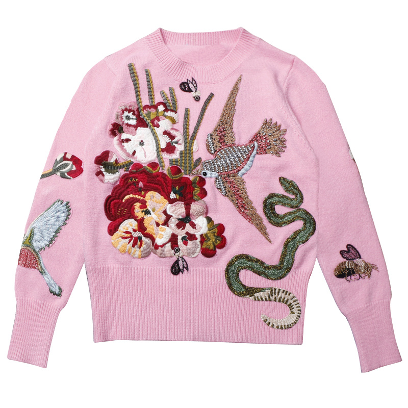 2022 Winter Runway Christmas Bird Embroidery Sweater and Pullovers Women Crystal Beading Female Vintage Jumper Tops Clothing alx