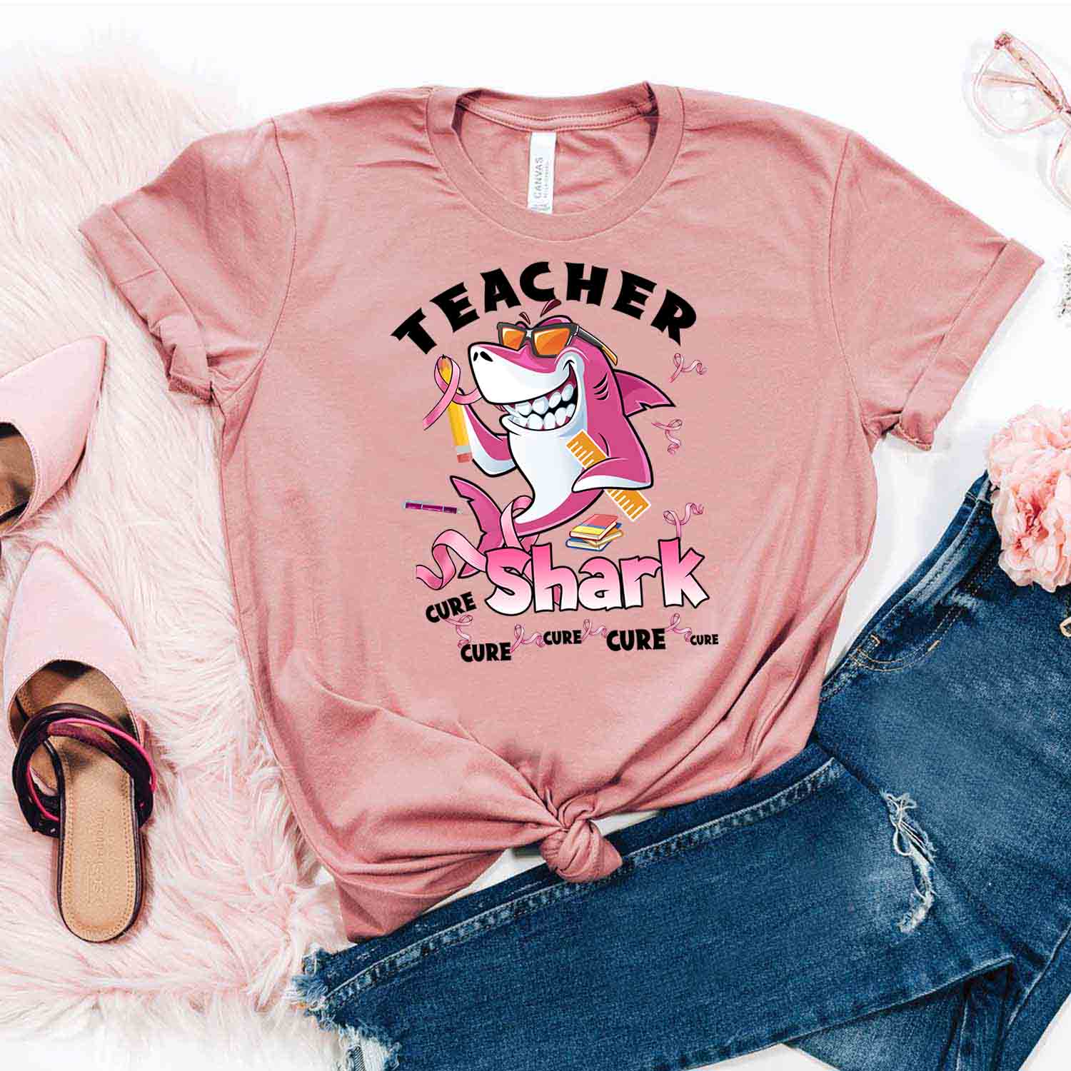 Pink Teacher Shark Cure Shirt – Breast Cancer Awareness T-Shirt Gifts For Mom Daughter Friends Hoodies Sweater Pink