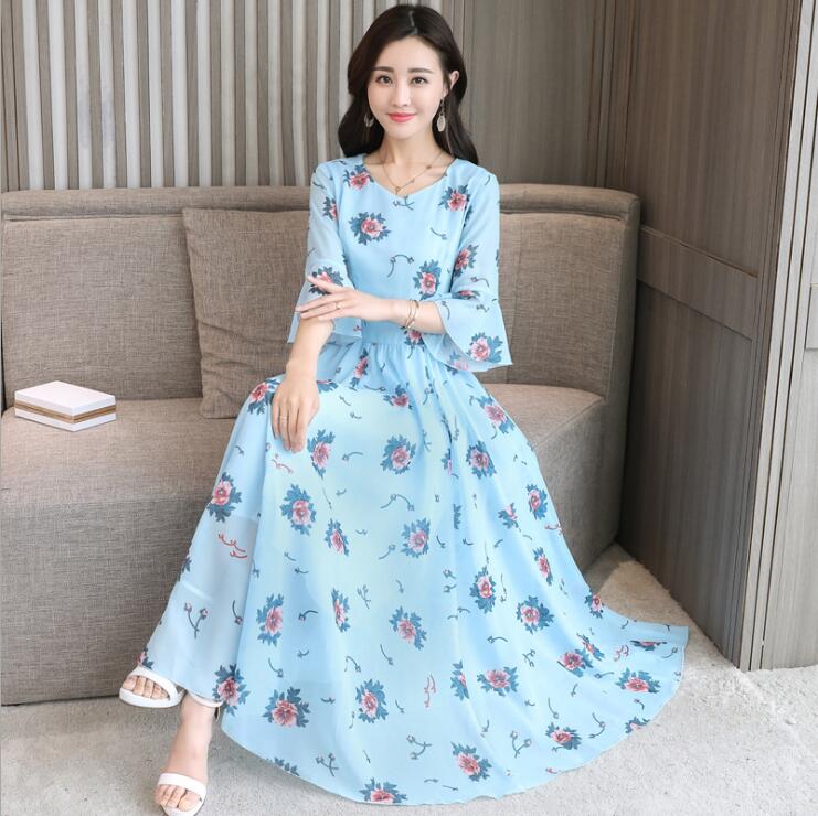 2019 Women Summer Plus Size Dress Fashion High Quality Chiffon Female Floral Print Long Dress Slim Temperament Dress E205 alx