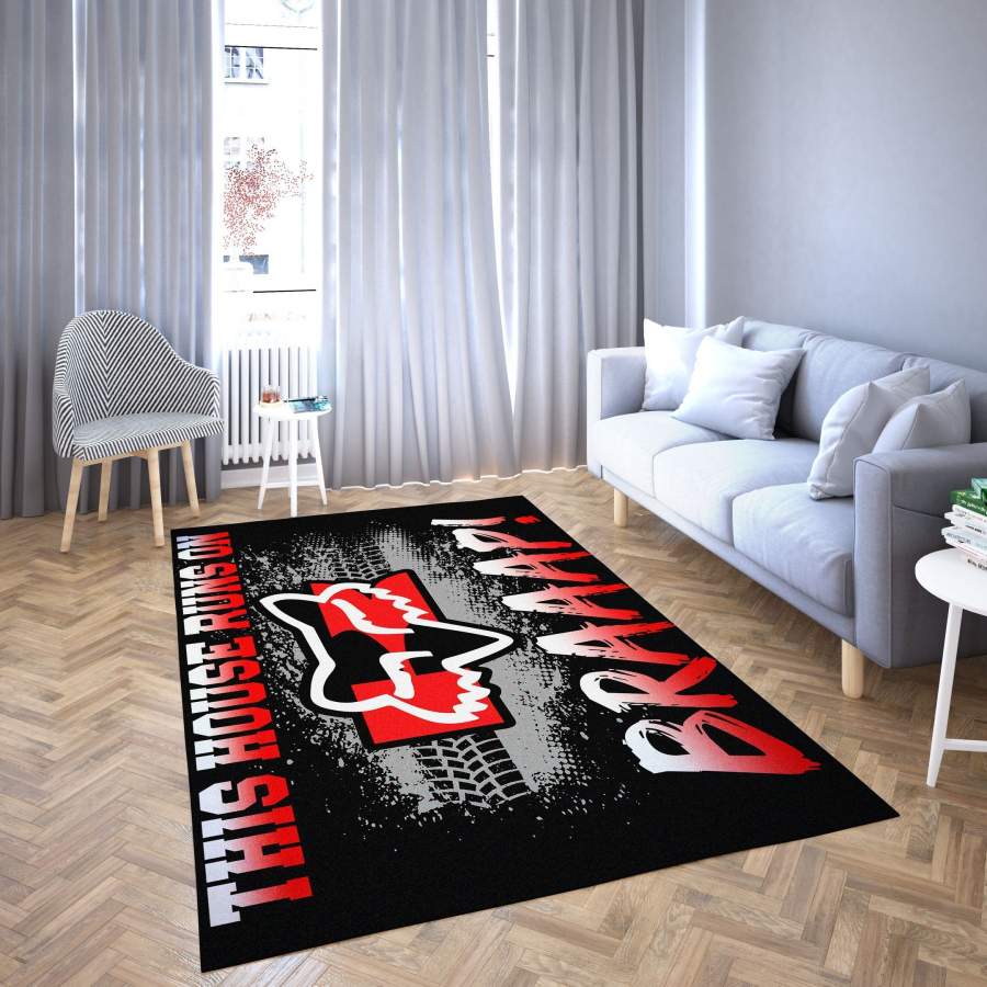 Motorcycle Kawasaki Area Rug, This House Runs On Braap Living Room Carpet Black & Red Floor Decor