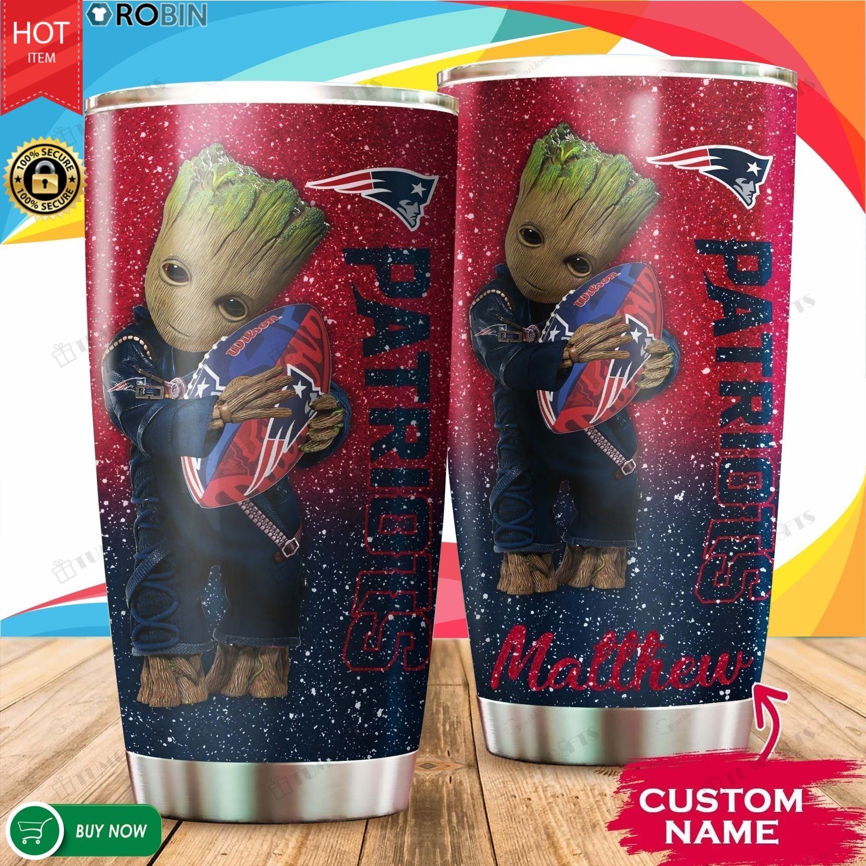 Buy Personalized Baby Groot Hug New England Patriots Stainless Steel Tumbler