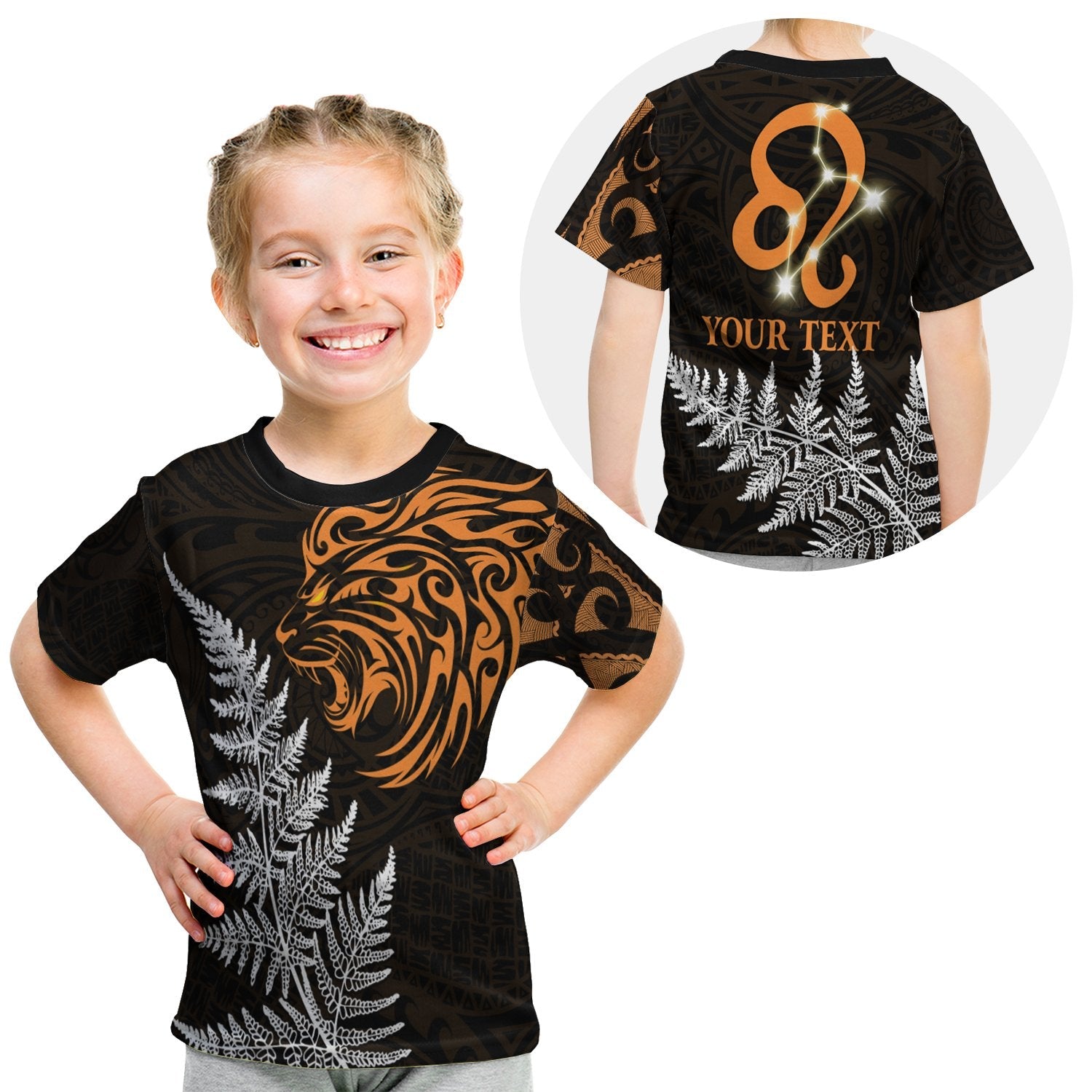 (Custom Personalised) Leo Zodiac Style Maori T Shirt Kid Orange Lion Lt13