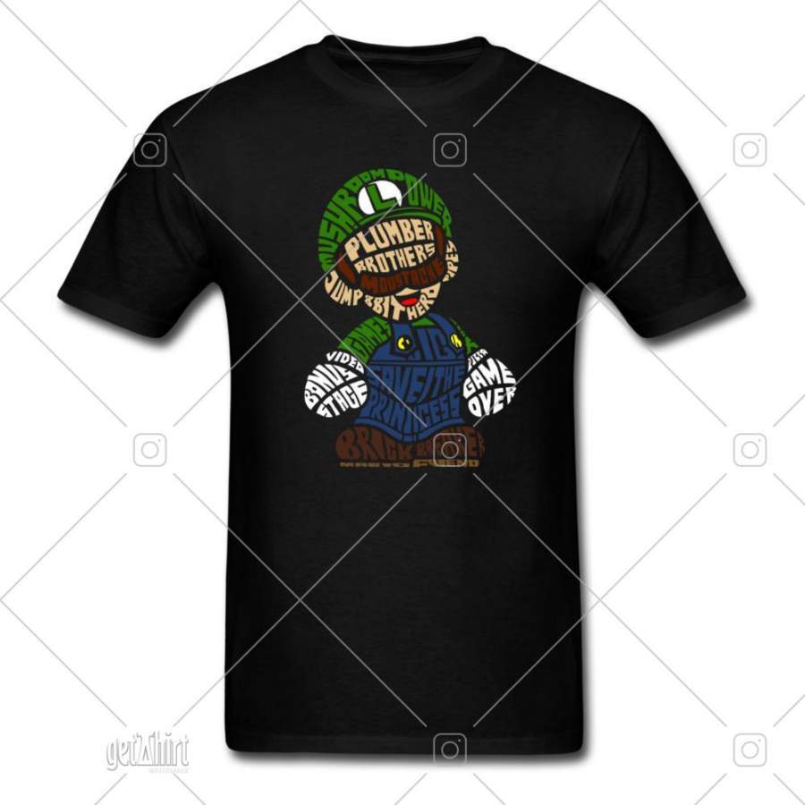 Super Mario Brothers Luigi Calligram T-Shirt Retro Nintendo Gamer Tee