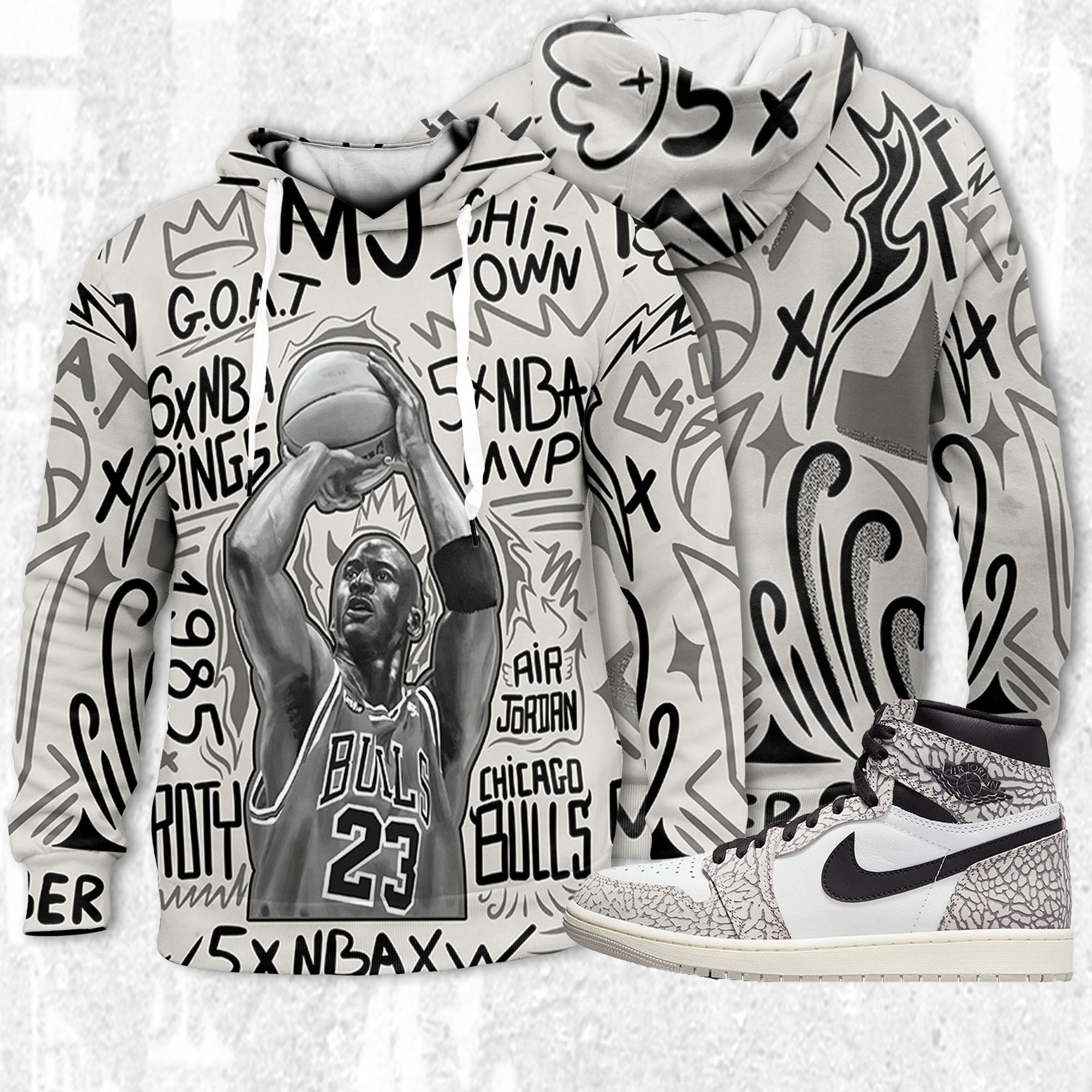 MJ The Goat 3D Doodles MJ Unisex Hoodie 3D match Jordan 1 Elephant Print White Cement Jordan MatchHoodie 3D