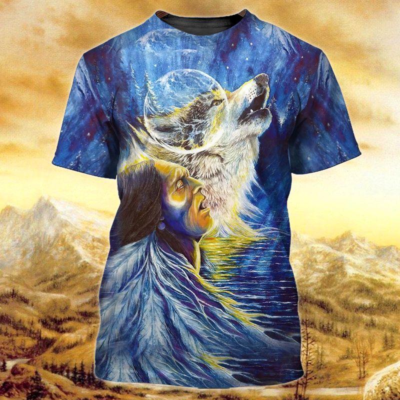 Native Wolf Under The Moon 3D Tshirt