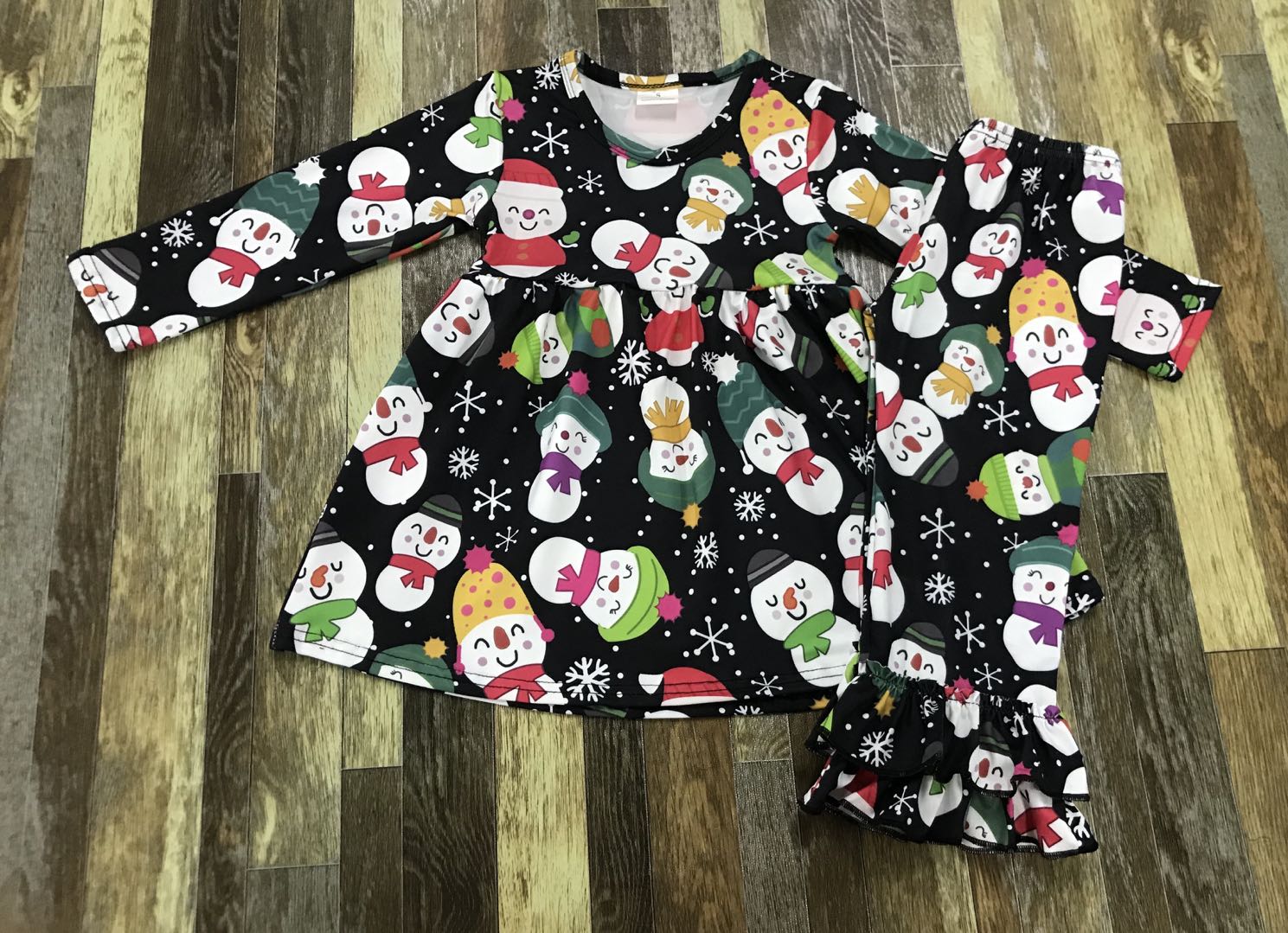 Baby girl cute snowman cartoon print black dress bell bottom suit alx