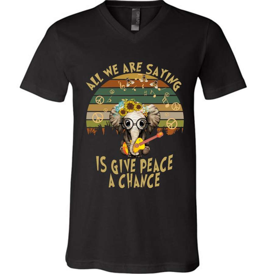 All We Are Saying Is Give Peace A Chance, Retro VIntage, Elephant Floral Guitar Design – Canvas Unisex V-Neck Shirt