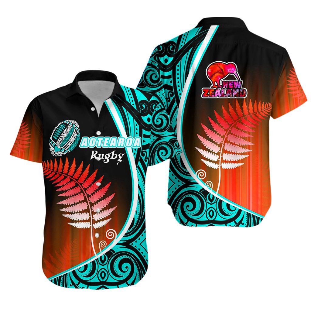 Aotearoa Rugby Black Maori Hawaiian Shirt Kiwi And Silver Fern New Zealand – Blue