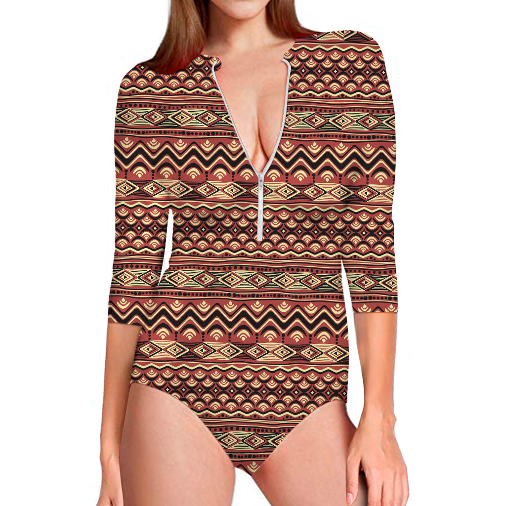 Red African Tribal Pattern Print Long Sleeve One Piece Swimsuit