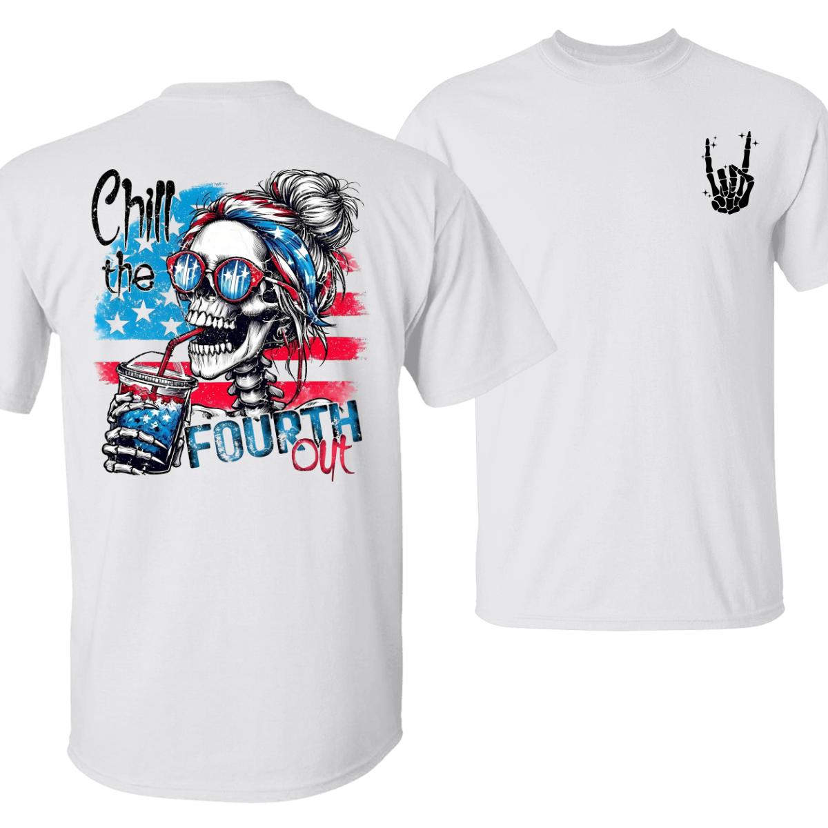 Top Trending Chill 4th of July T-Shirt with Retro Skeleton Girl & USA Flag Drink, Funny Patriotic Tee for Summer Parties TikTok Shop Store, Unisex Tops, Menswear