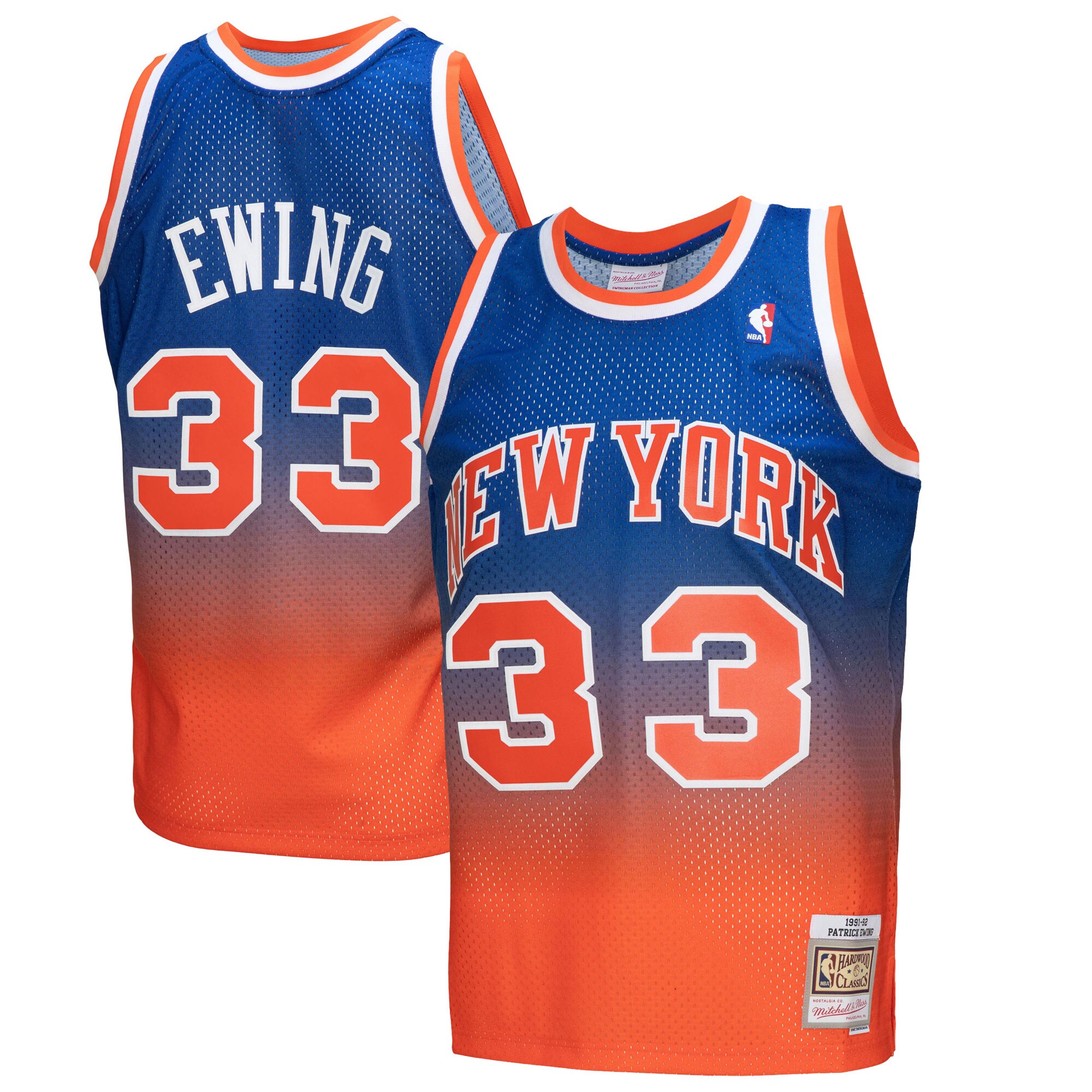 Patrick Ewing New York Knicks Mitchell & Ness 1991/92 Hardwood Classics Fadeaway Swingman Player Jersey – Orange/Royal