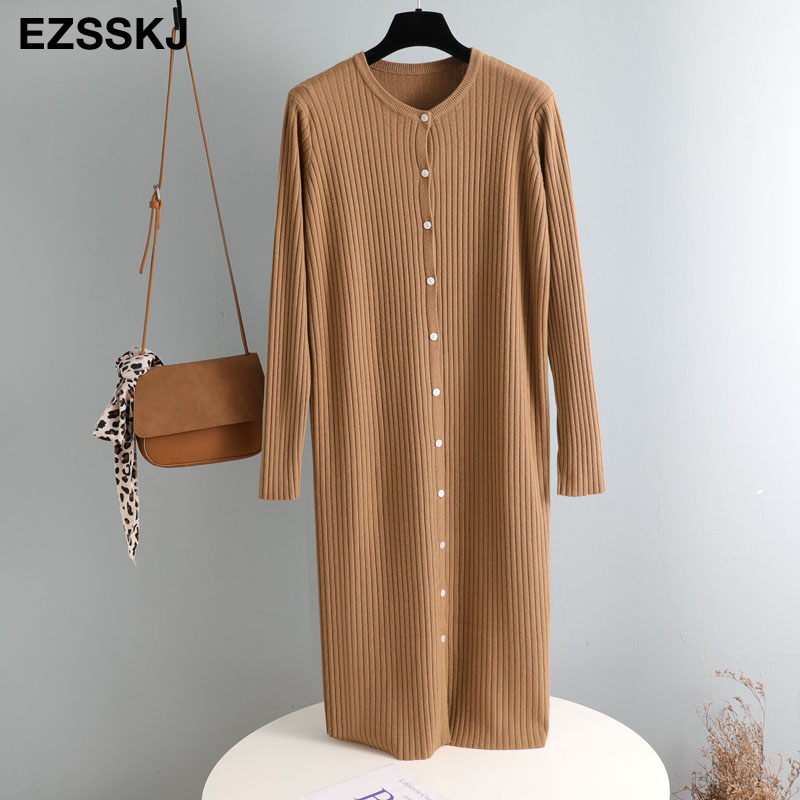 autumn winter o-neck button oversize long sweater dress chic loose knit dress women long dress Female chic sweater maixt dress alx