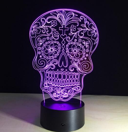 3D LED Color Night Light Changing Lamp Halloween Skull  Light Acrylic 3D