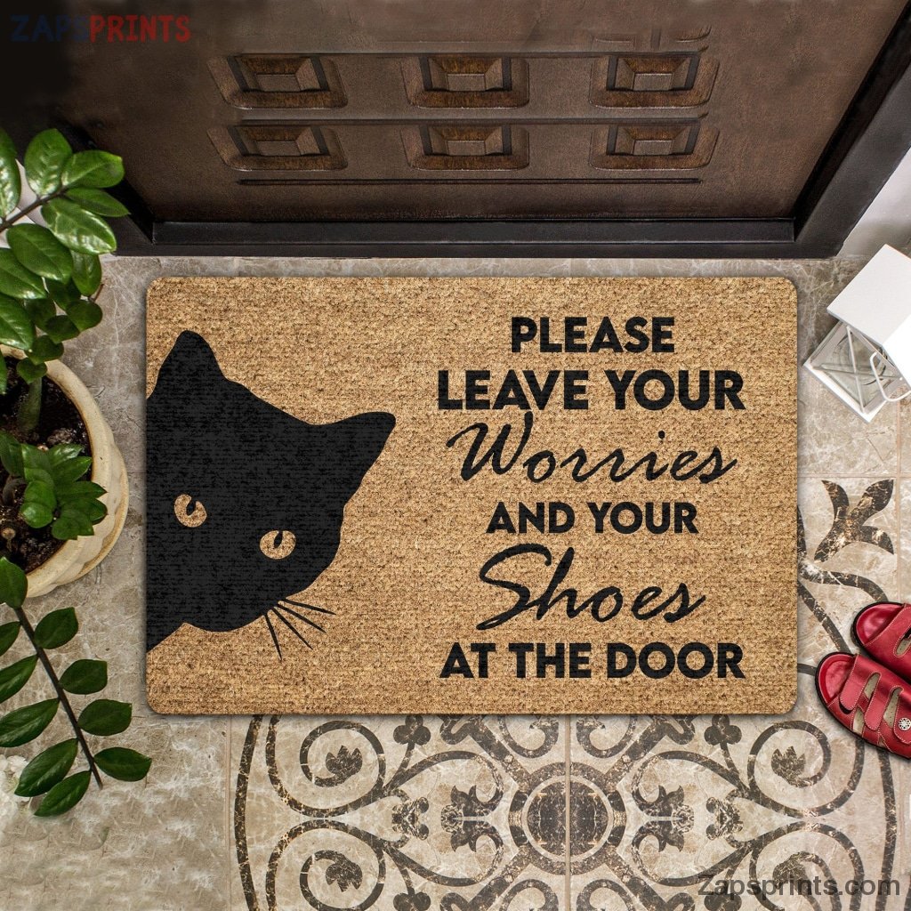 Please Leave Your Worries And Your Shoes At The Door – Black Cat Doormat – Welcome Mat – House Warming Gift – Christmas Gift Decor