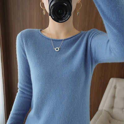 Women’s long-sleeved standard knitted cashmere sweater for fall/winter round neck pullover solid color bottoming curled sweater alx