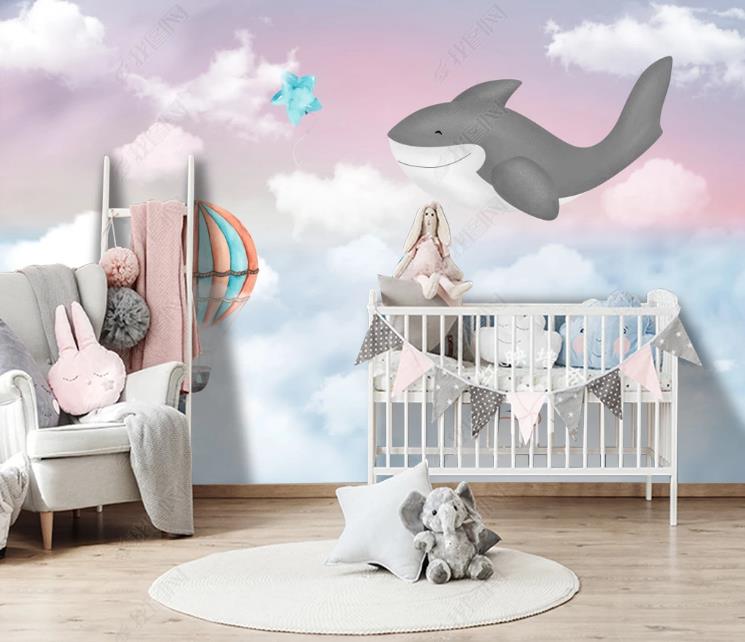 3D Northern Europe Hand-Painted Cartoon Sky Clouds Whale Wall Mural Wallpaper Sww1600