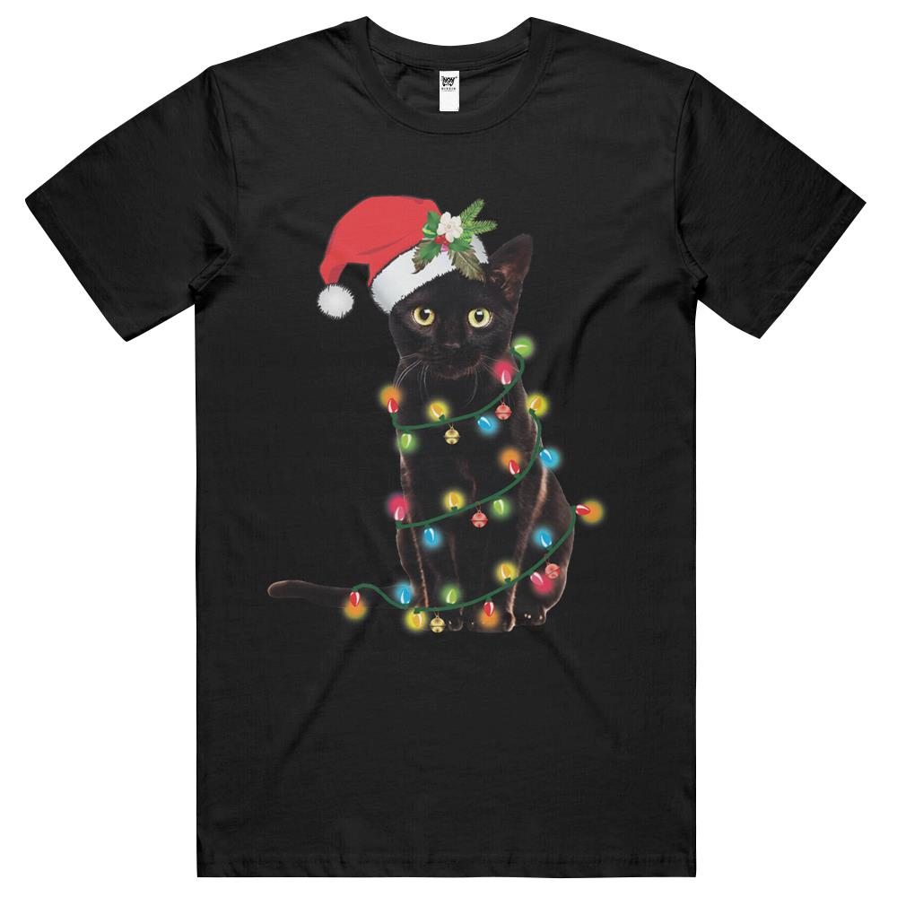 Black Santa Cat Tangled Up In Lights Christmas Santa T Shirts