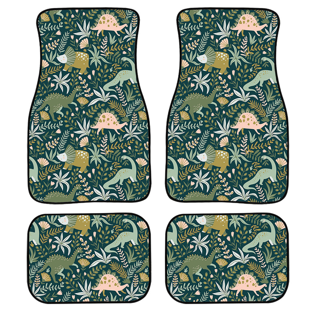 Cute Dino Tropical Leaves Pattern Print Front And Back Car Floor Mats, Front Car Mat