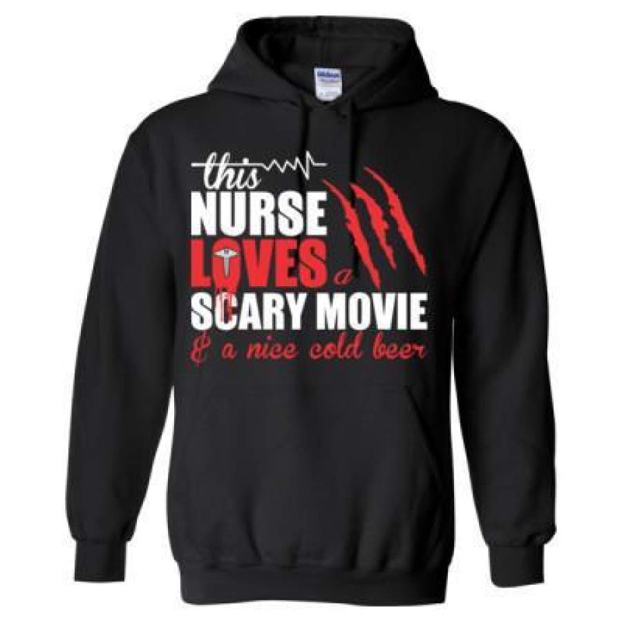 AGR This Nurse Loves A  Scary Movie And A Nice Cold Beer – Heavy Blend™ Hooded Sweatshirt