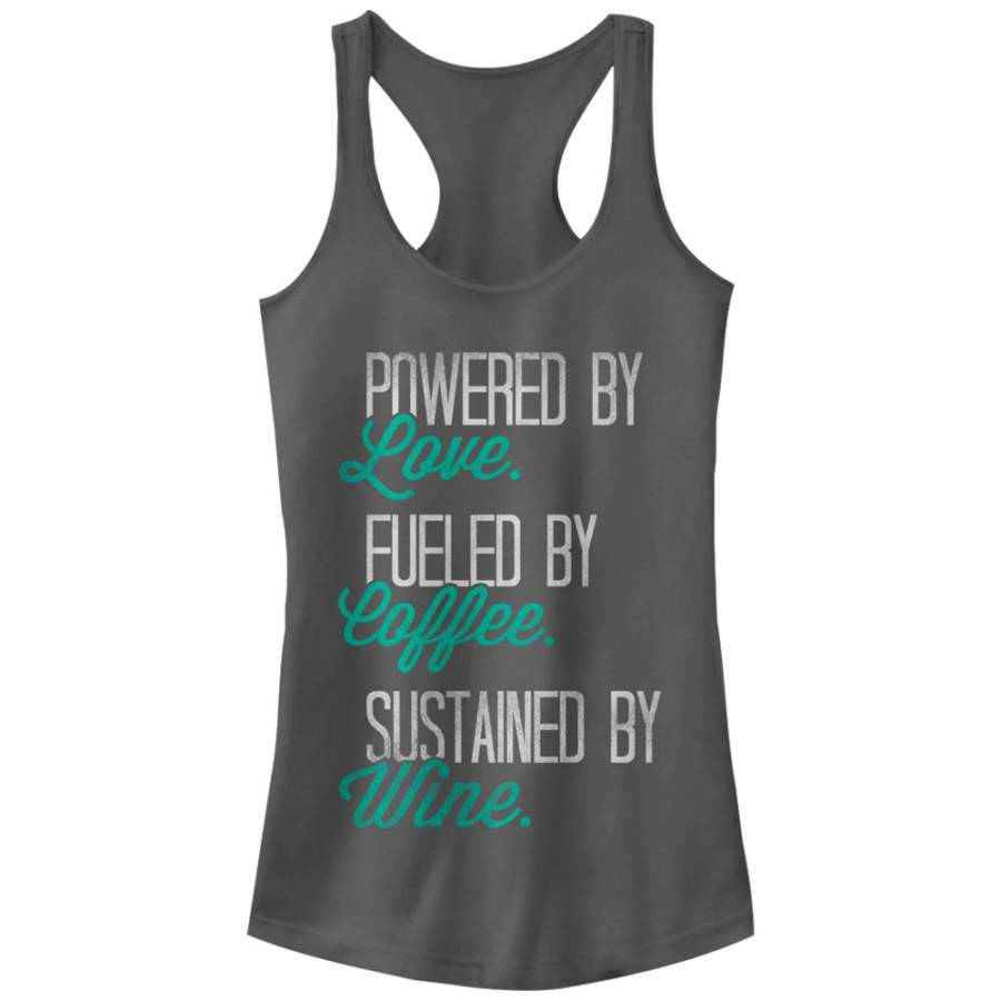 CHIN UP Junior’s Powered by Love Fueled by Coffee  Racerback Tank Charcoal