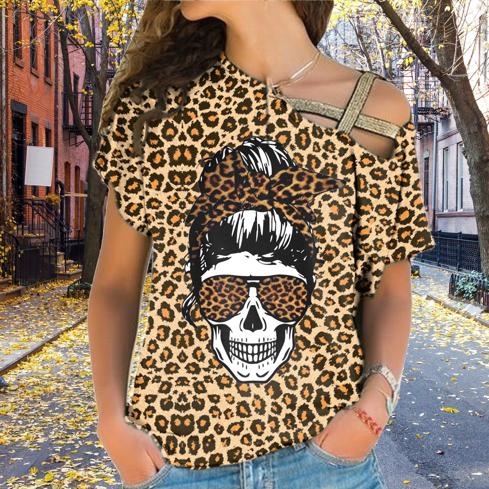 Skull Leopard Print Cross Shoulder Shirt SK-CSS01-Q155S01