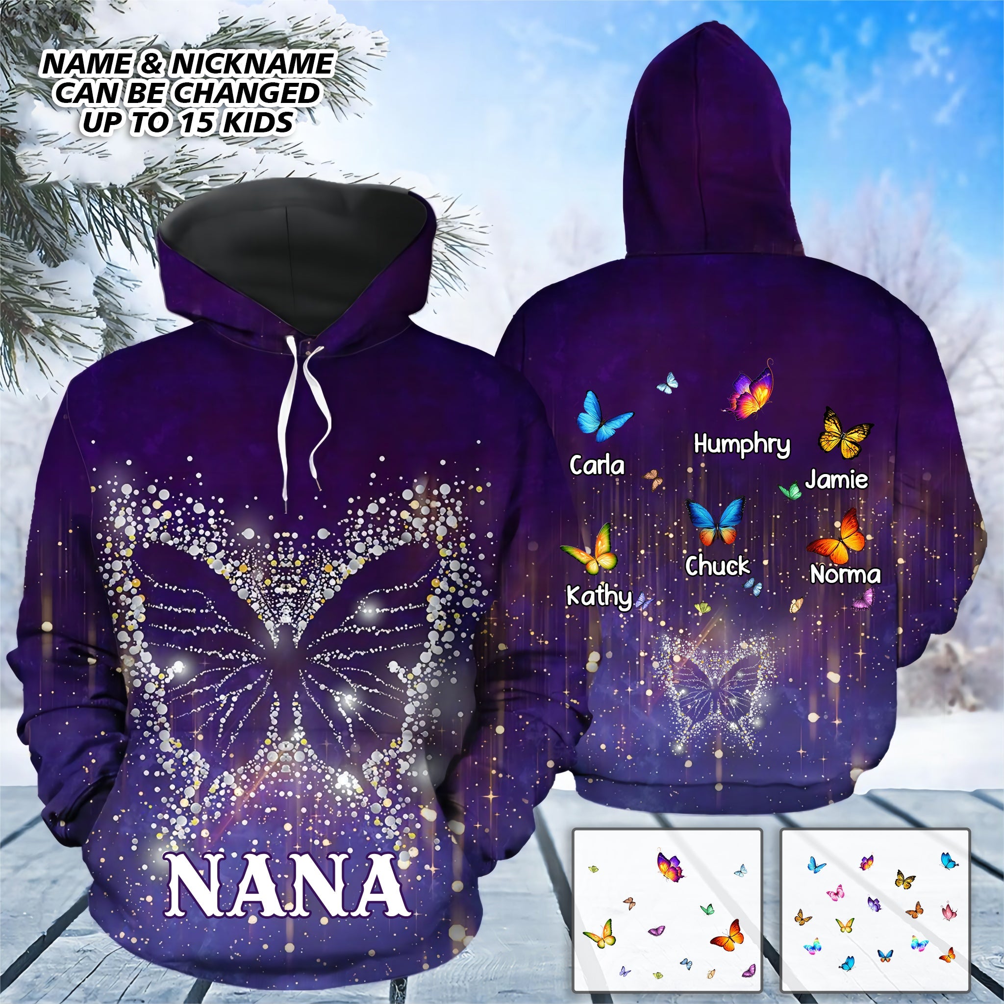 Personalized Butterfly Snowflake Grandma With Kid Name Hoodie, 3D All Over Print Butterfly Mom Kid