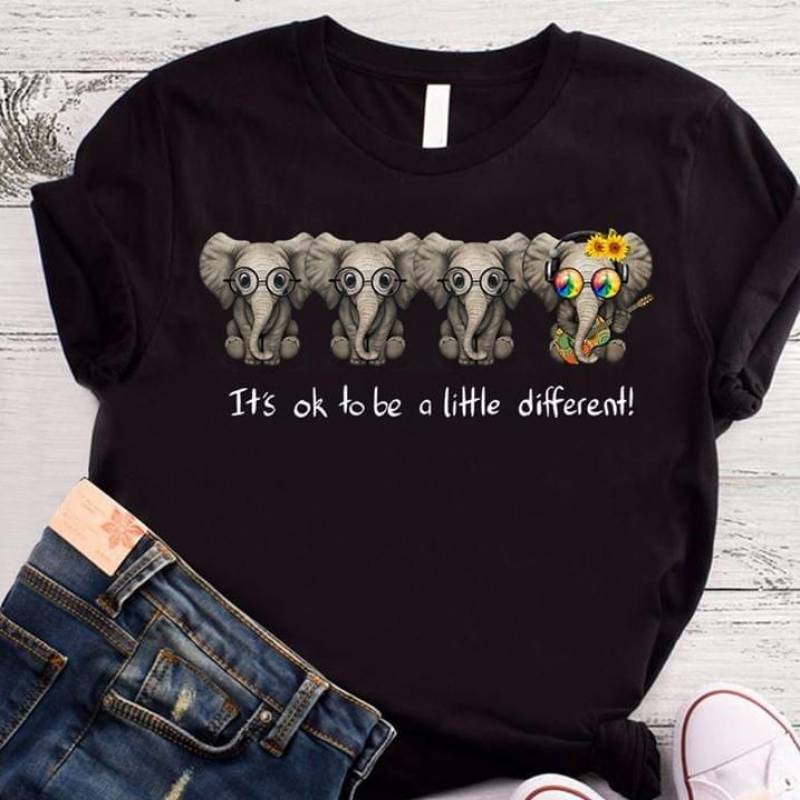 It’S Okay To Be Little Different Gray Elephant Hippie Elephant Hippie Symbols Peace Sign Flower Adorable Gift For Unique Hippie People Black Men And Women T Shirt S-5Xl