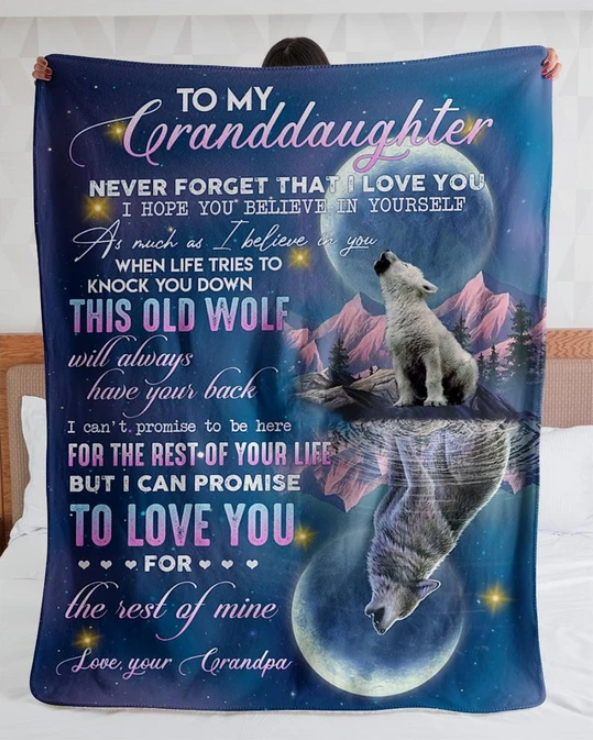 To My Granddaughter Fleece Blanket, Personalized Birthday Gift For Granddaughter From Grandpa Blanket, Wolf Blanket