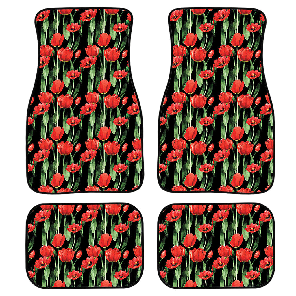 Red Watercolor Tulip Pattern Print Front And Back Car Floor Mats, Front Car Mat