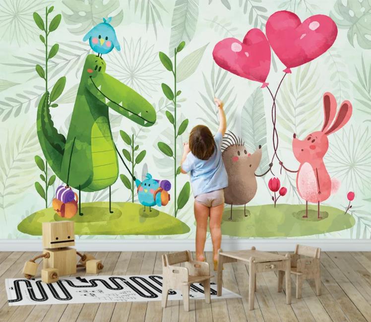 3D Cartoon Animal Dinosaur Rabbit Hedgehog Plant Balloon Kids Wall Mural Wallpaper Lll 1417