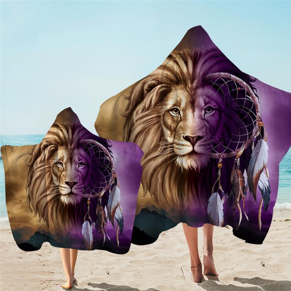 3D Contrast Lion Native Dreamcatcher Printed Hooded Towel