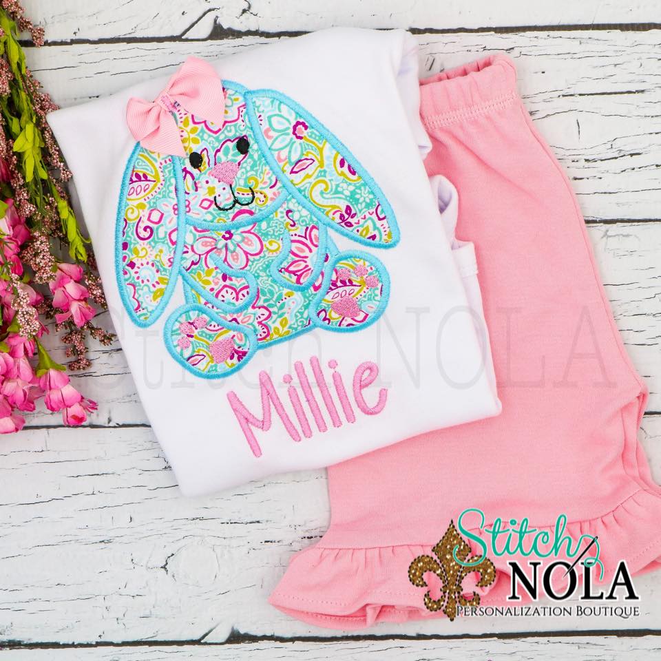 Personalized Floral Easter Bunny With Bow Appliqué Shirt