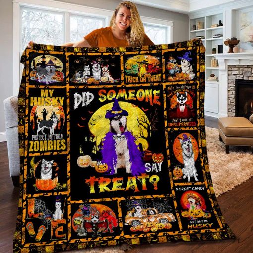 Did Someone Say Treat Husky Witch With Jack O Lantern Pumpkin Bats Full Moon Halloween Blanket