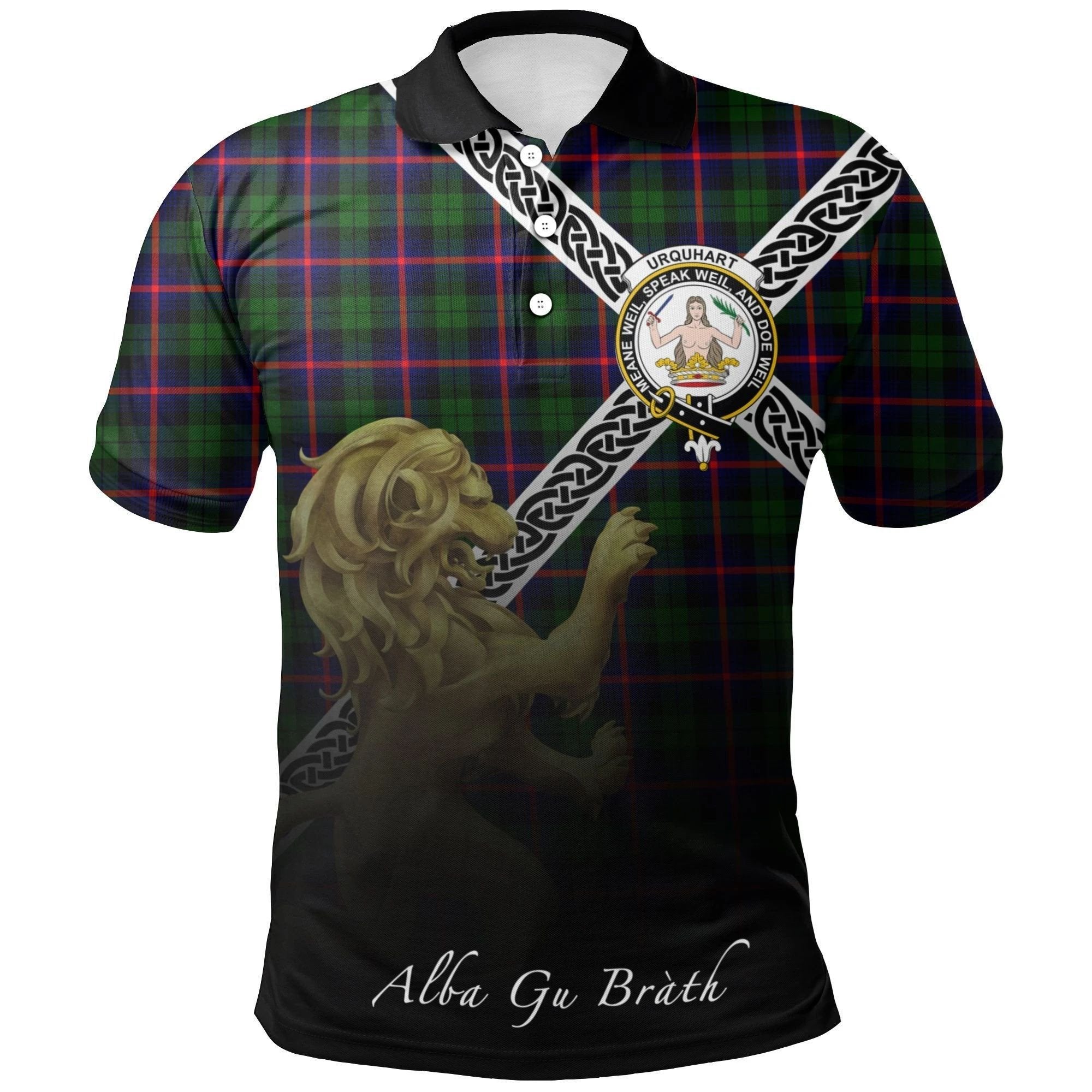 Urquhart Modern Clan Polo Shirt, Scottish Tartan Urquhart Modern Clans Polo Shirt Celtic Lion Style