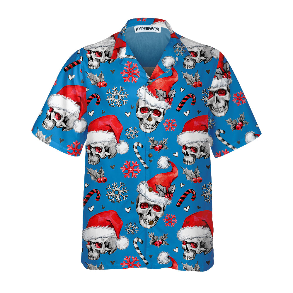 Christmas Skulls With Candy Canes Blue Version Christmas Hawaiian Shirt, Skull Christmas Hawaiian Shirt For Men