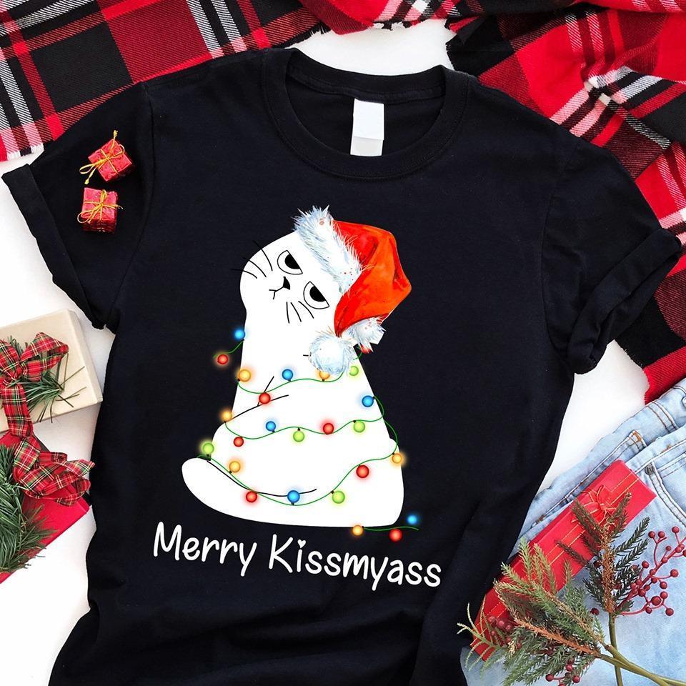 Cat Kissmyass Light Santa Hat Meowy Christmas Kitten Funny Gift Unisex T-Shirt Hoodie Sweatshirt Plus Size S-5Xl