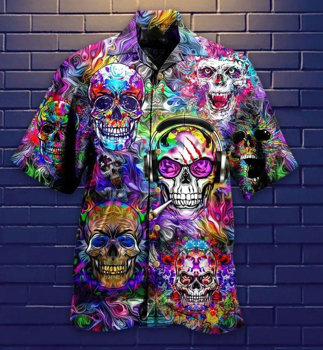 Skull Hippie Print Short Sleeve Hawaii Casual Shirt Ha92435