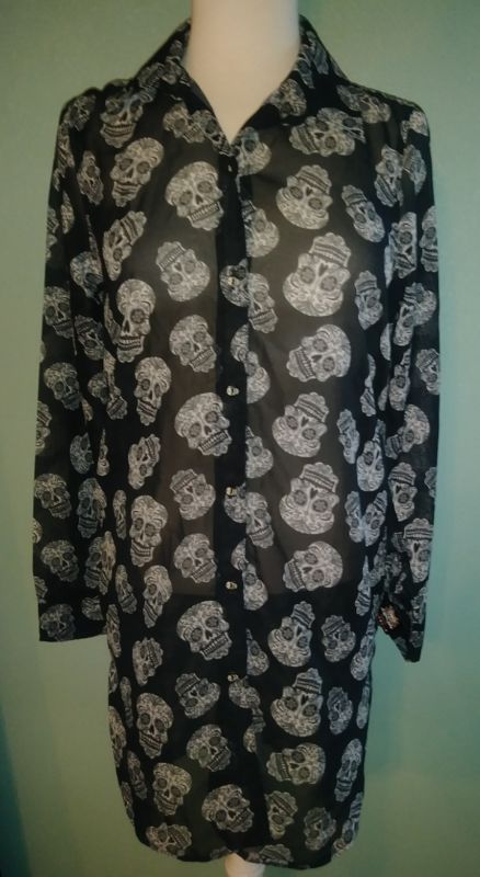 Women'S Long Sleeve Sugar Skull Sheer Long Blouse Size S/M Donuink Store