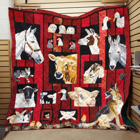 Animal In Red Background Red Frame Quilt Blanket