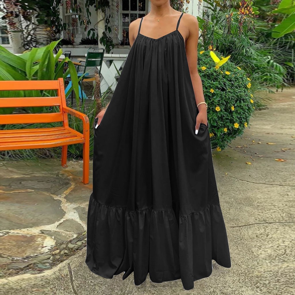 &35 Women Boho Dress Fashion Casual Solid Strap Dress Pocket Loose Backless Big Swing Plus Size Dress Summer Dress 2020 alx