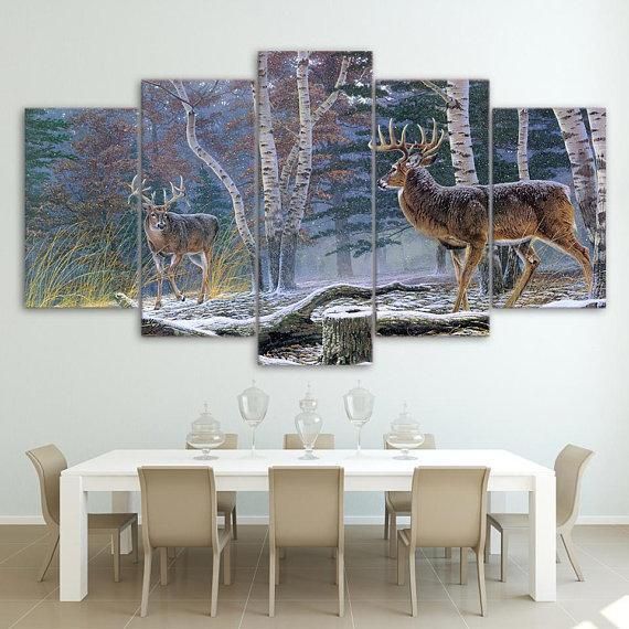 Whitetail Deer Animal 5 Panel Canvas Art Wall Decor