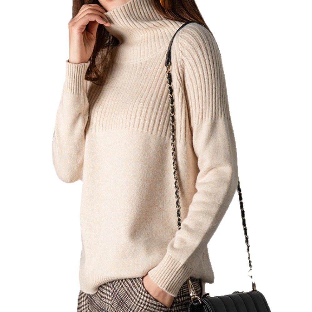 Thick Sweater Women Turtleneck Pullovers Solid Stretch Striped Knit Loose Tops 2022 Winter Wool Clothes Beige Khaki alx