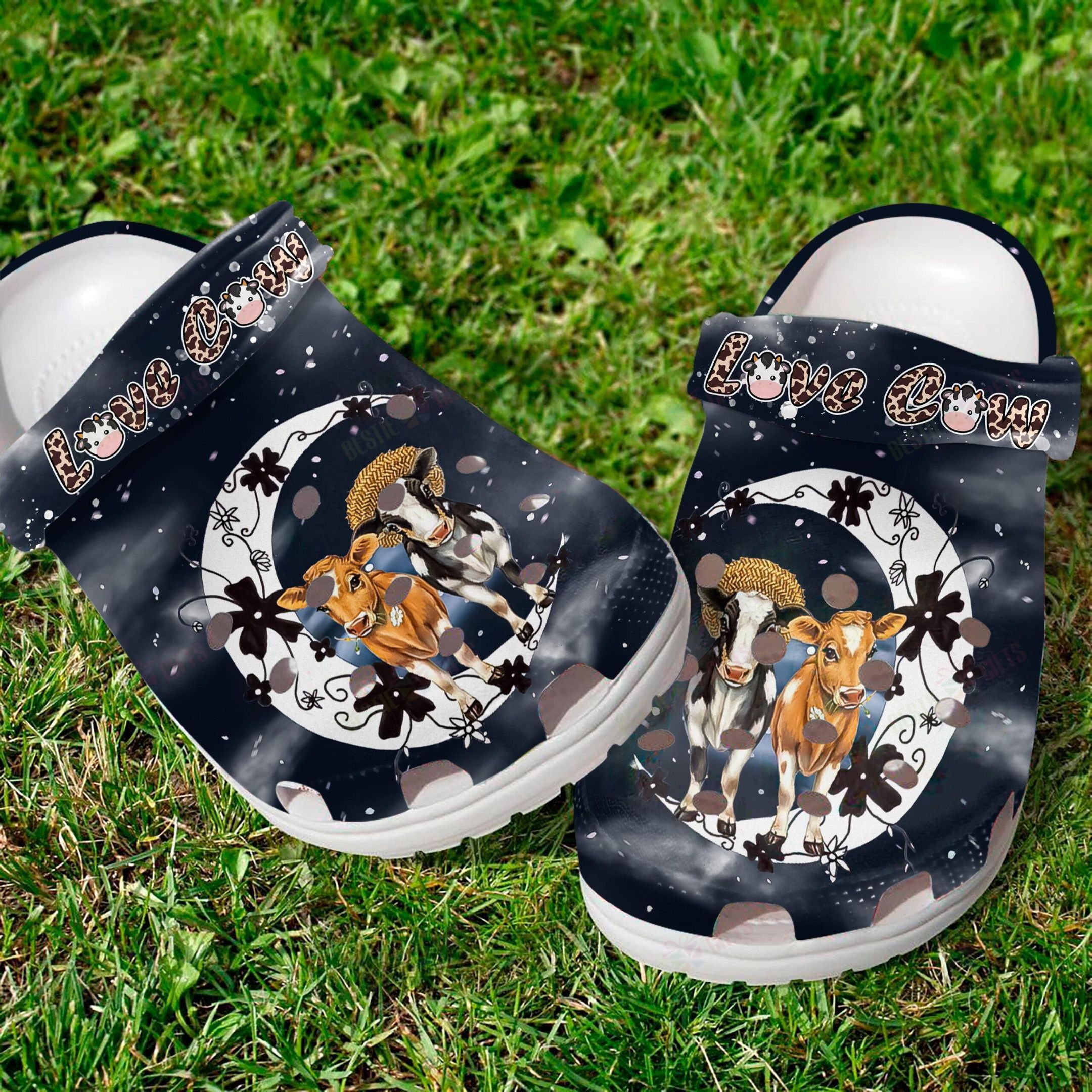 crocs with cows on them
