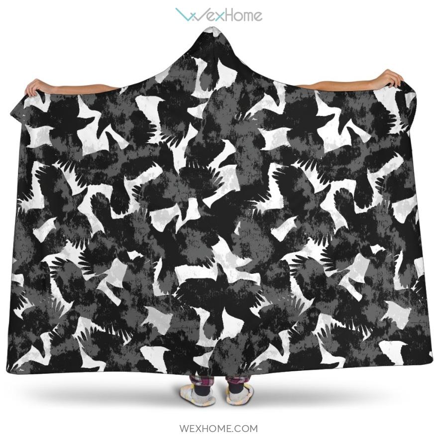 Crow Illustration Pattern Hooded Blanket