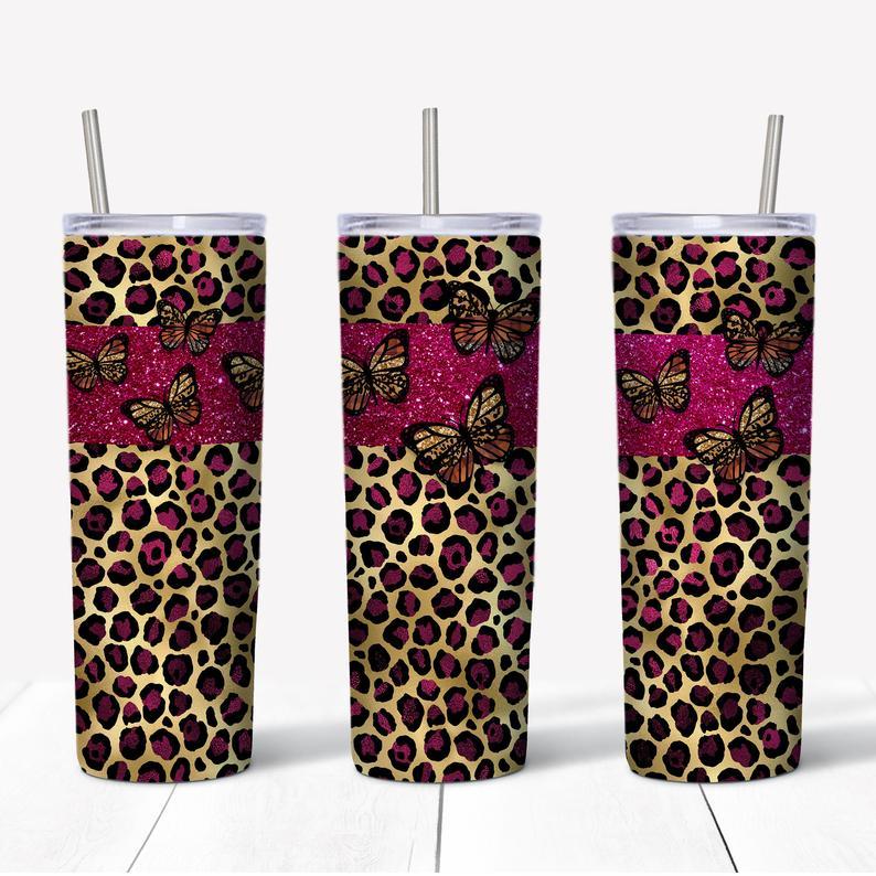 20oz Skinny Tumbler, Pink And Leopard Print Tumbler, Butterfly Tumbler, Leopard And Butterfly Tumbler, 20oz Stainless Steel Tumbler