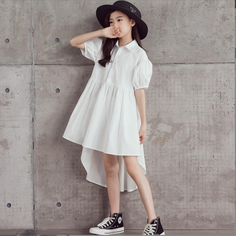 Baby Girl Short Sleeve Dress Summer New Cotton Shirts Dress Children Turndown Collar Trumpet Dress Kids Dress 6-16Y Wz646 alx