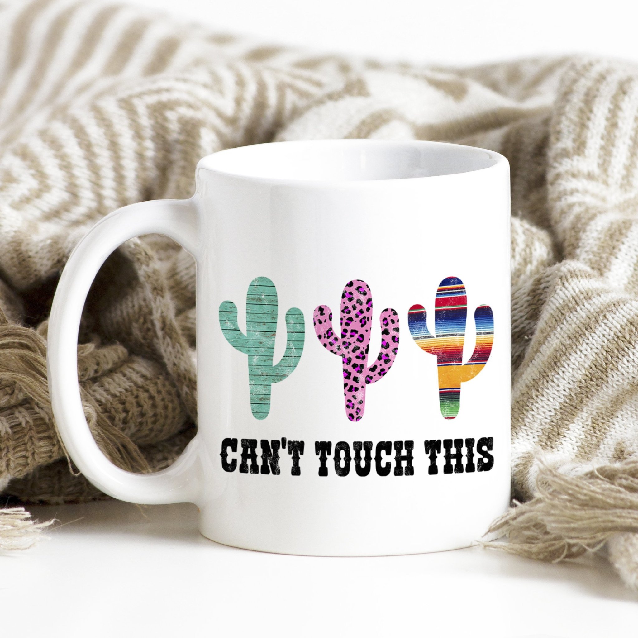 Can’t Touch This Funny Coffee Mug for Her, Cactus Coffee Mug, Serape Pink Cheetah Leopard Pattern