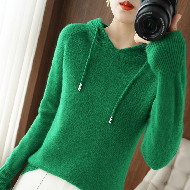 Cashmere sweater women’s 2022 new long-sleeved hooded pullover sweater bottoming shirt solid color women alx